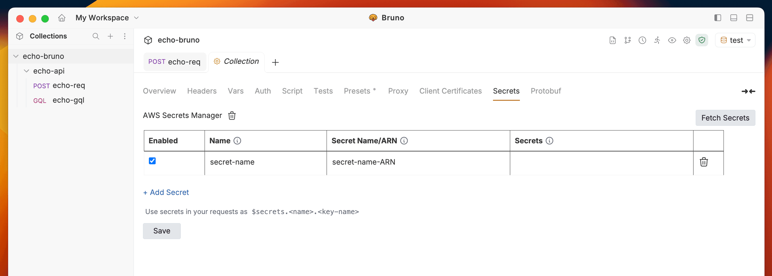 AWS Secret Configuration Dialog