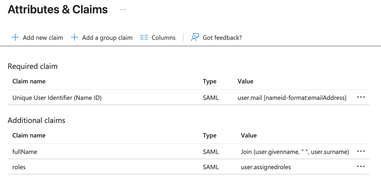 Finalized attributes and claims configuration in Entra ID