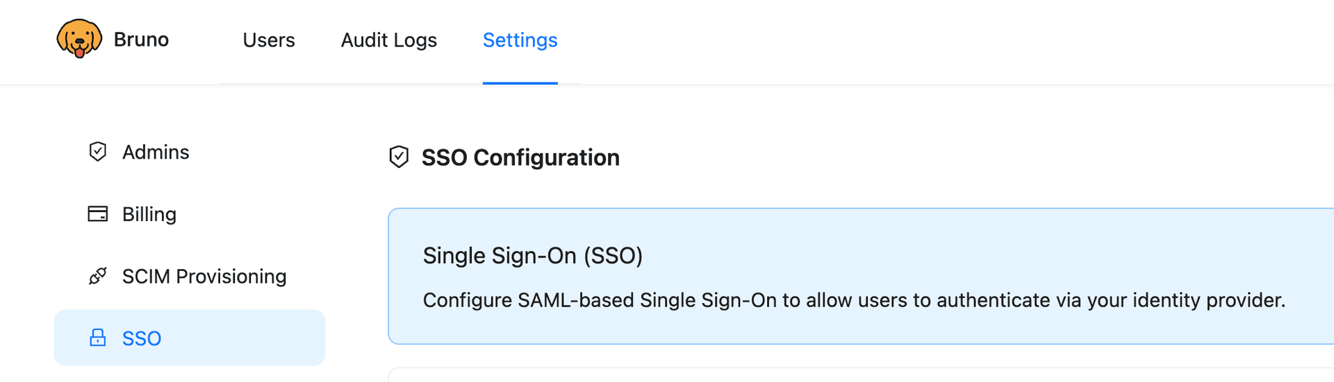 Bruno SSO Configuration settings page